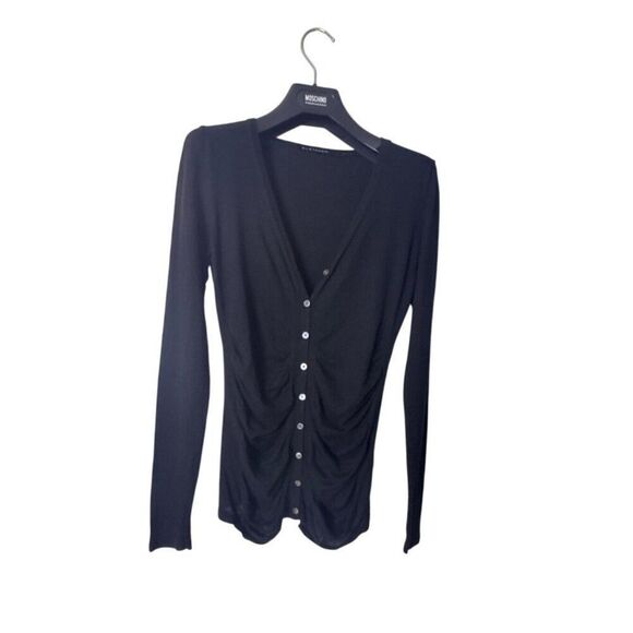 Elie Tahari Black Long Sleeve Button-Up Cardigan With Ruched Detail - Picture 2 of 6